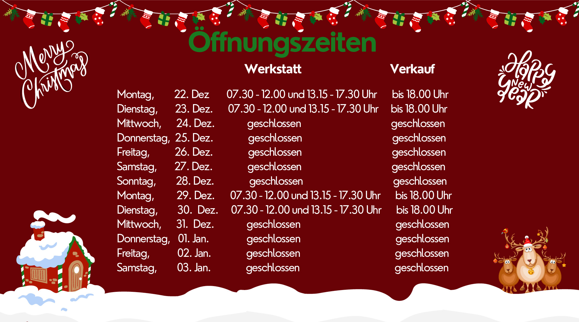 Öffnungszeiten Weihnachten / Neujahr